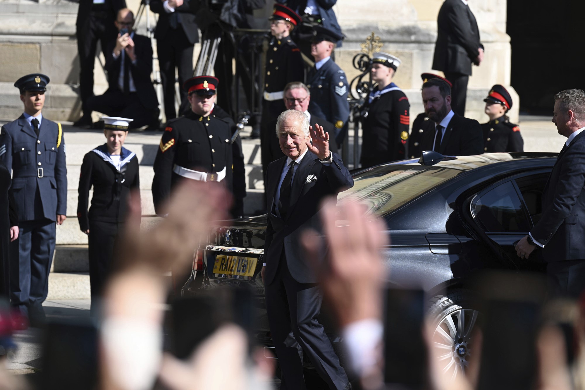 Britain's King Charles III arrives at St. Anne's Cathedral to attend a Service of Reflection for the life of Her Majesty The Queen Elizabeth in Belfast