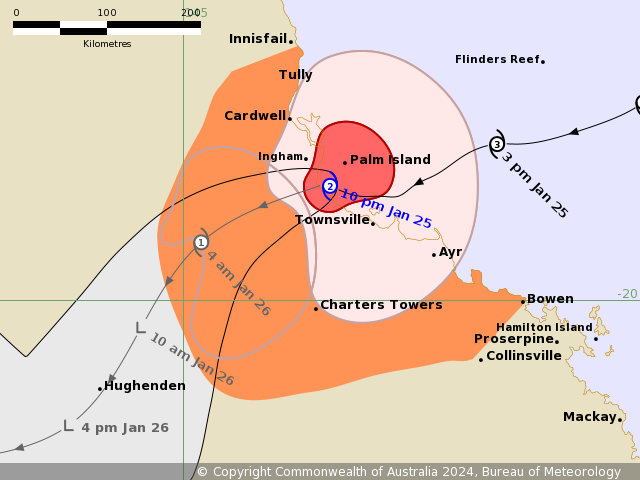 A map showing cyclone intensity and trajectory.