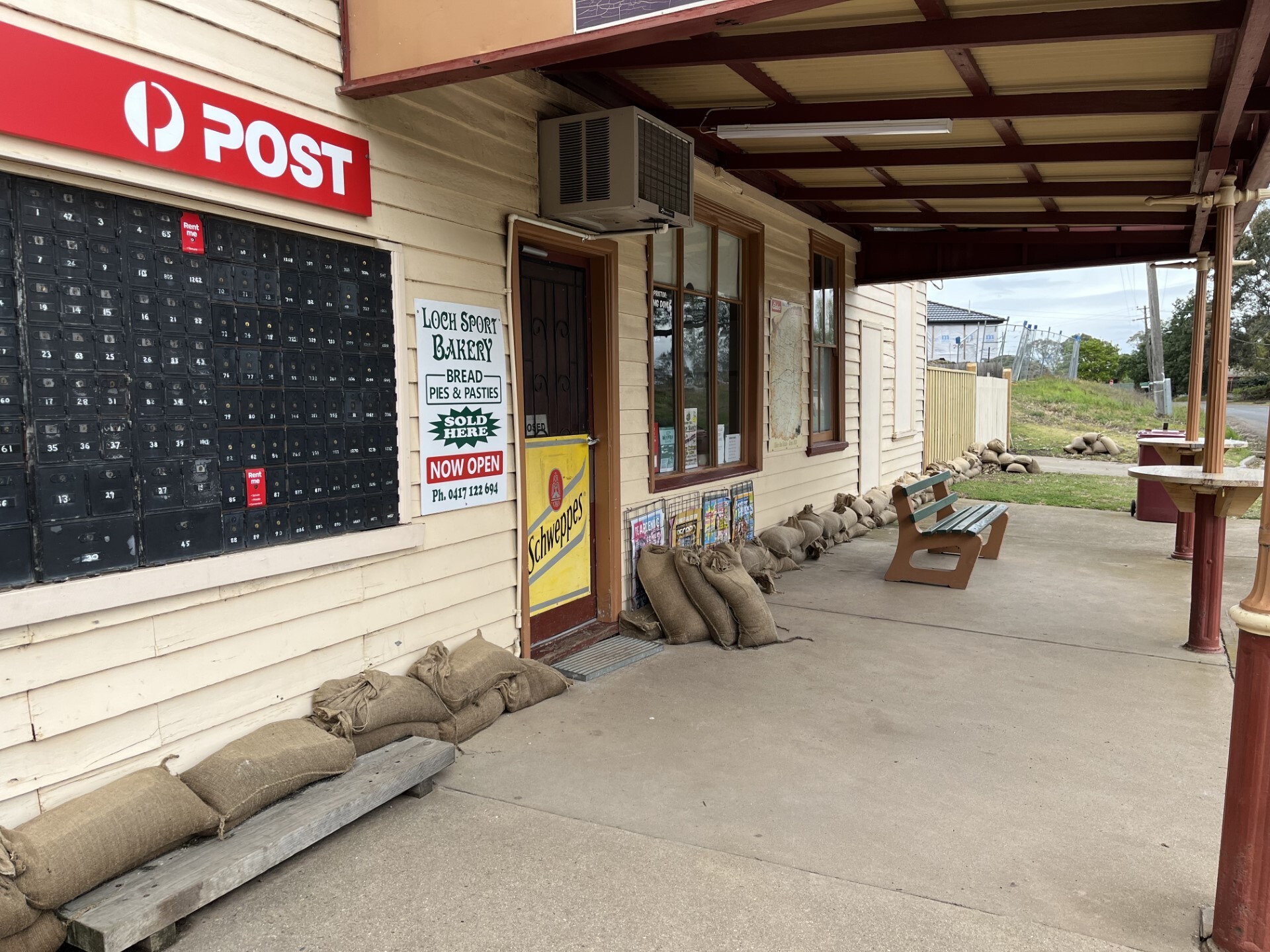 Sandbags surround the Newry General Store.