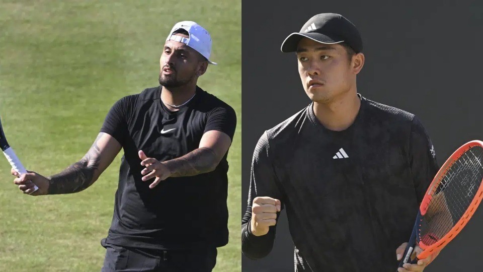 Composite of two photos: Australian tennis player Nick Kyrgios hits a ball, and China's Wu Yibing clenches his fist