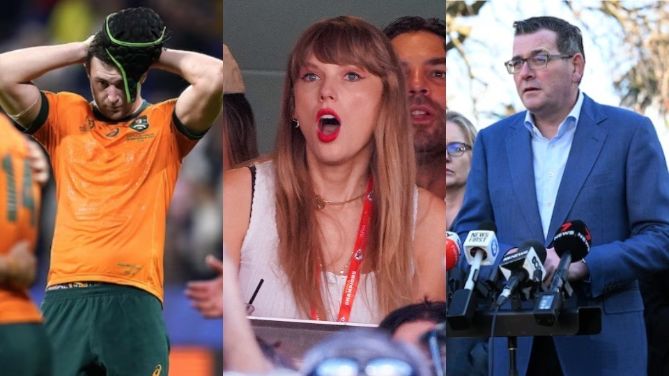 A composite image of the Wallabies, Taylor Swift looking shocked and Dan Andrews giving a press conference.