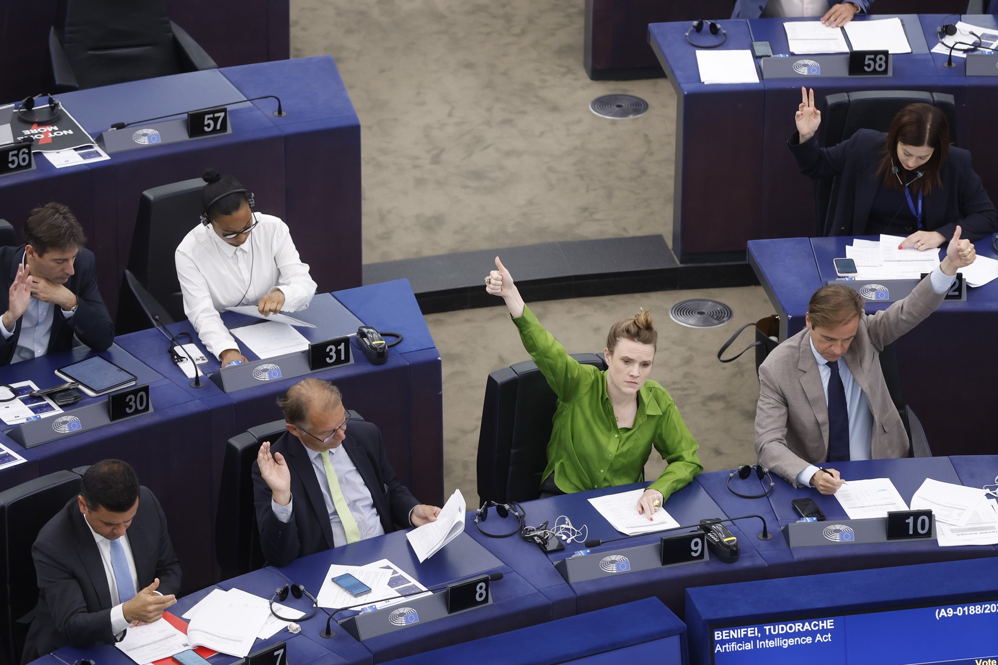 Some officials raise their hands to vote during a meeting at the European Parliament in Strasbourg, eastern France