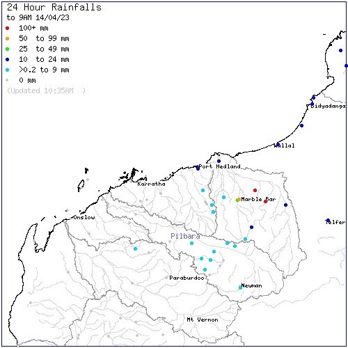 Map shows dots where the heaviest rain fell in WA.