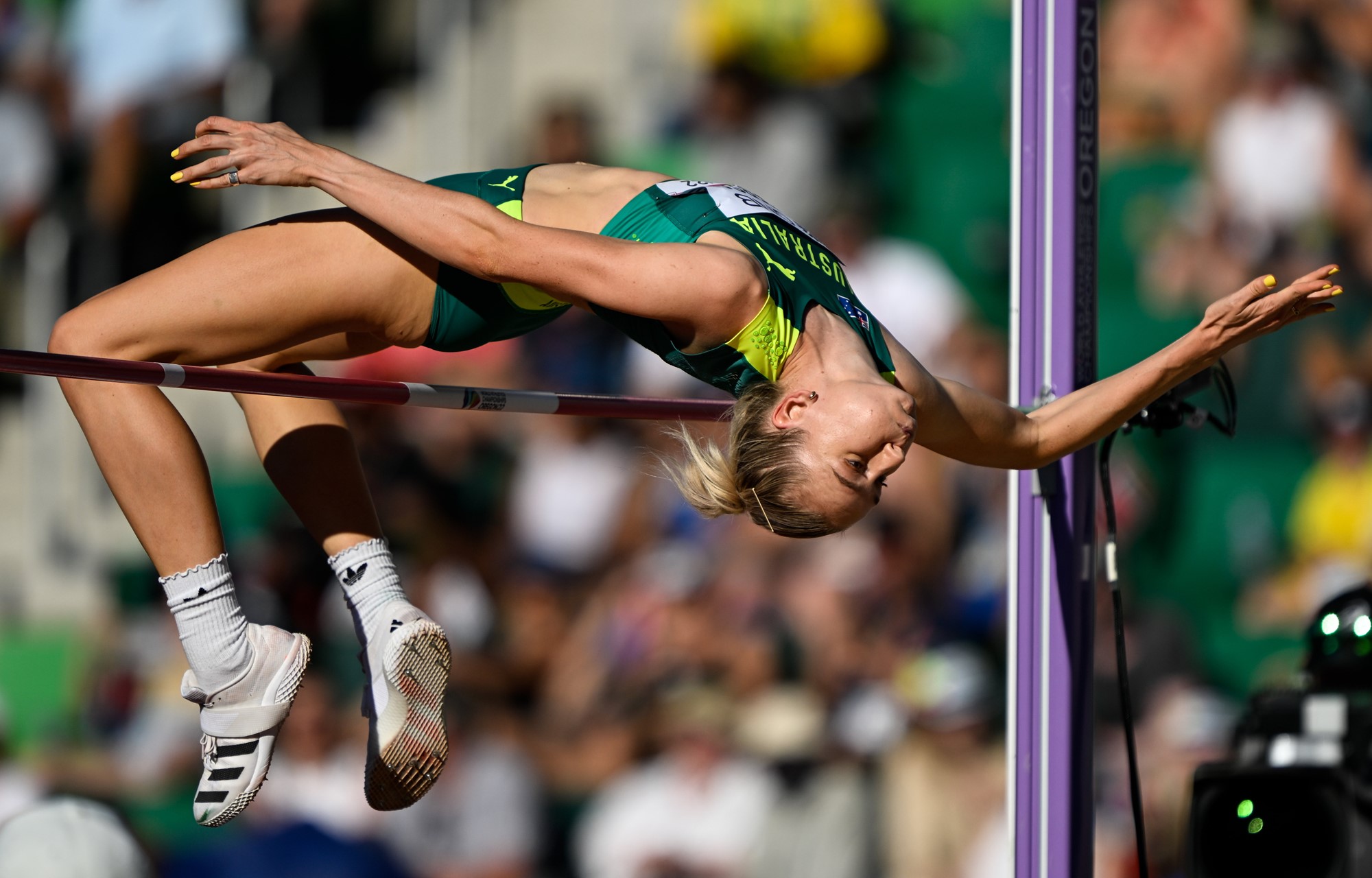 Eleanor Patterson goes over the bar head-first and upside down in the high jump final at the athletics world championships