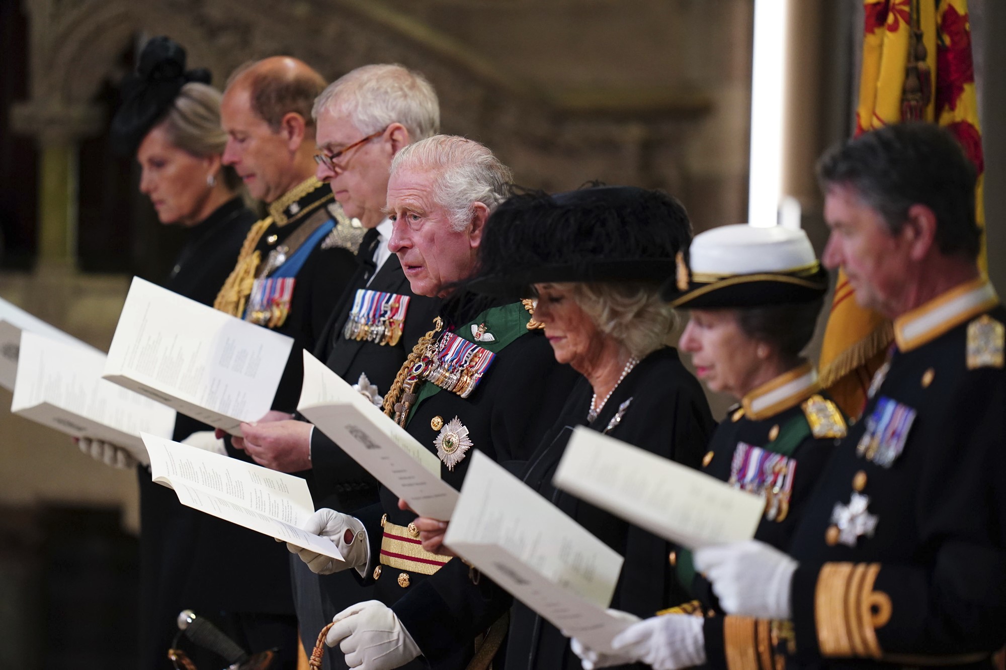 From left, Sophie Countess of Wessex, Prince Edward, Prince Andrew, King Charles III, Camilla, the Queen Consort, Princess Anne and Tim Laurence during a Service of Prayer and Reflection