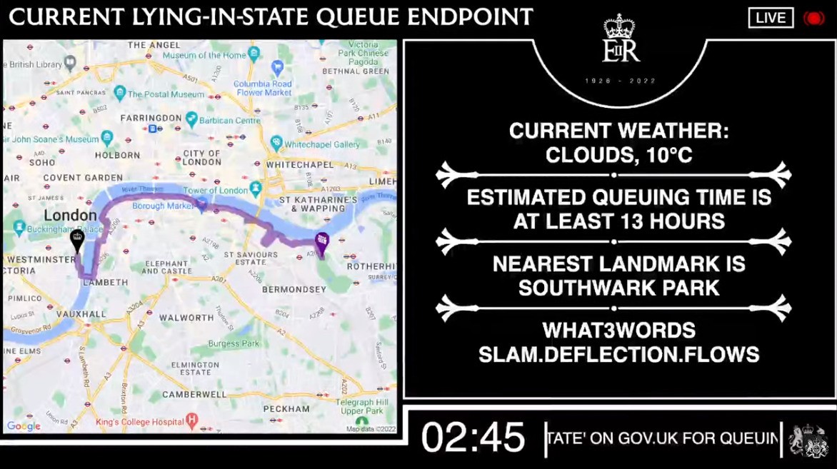 A map of the queue for the Queen lying in state, which is at leat 13 hours long