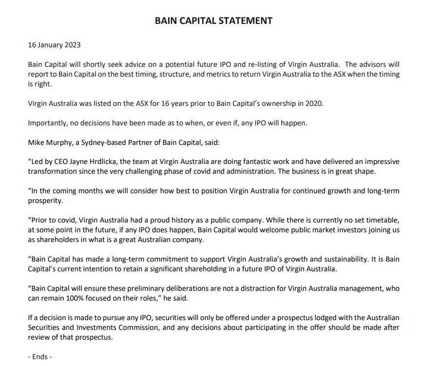 Letter from Bain Capital about Virgin Australia possible IPO