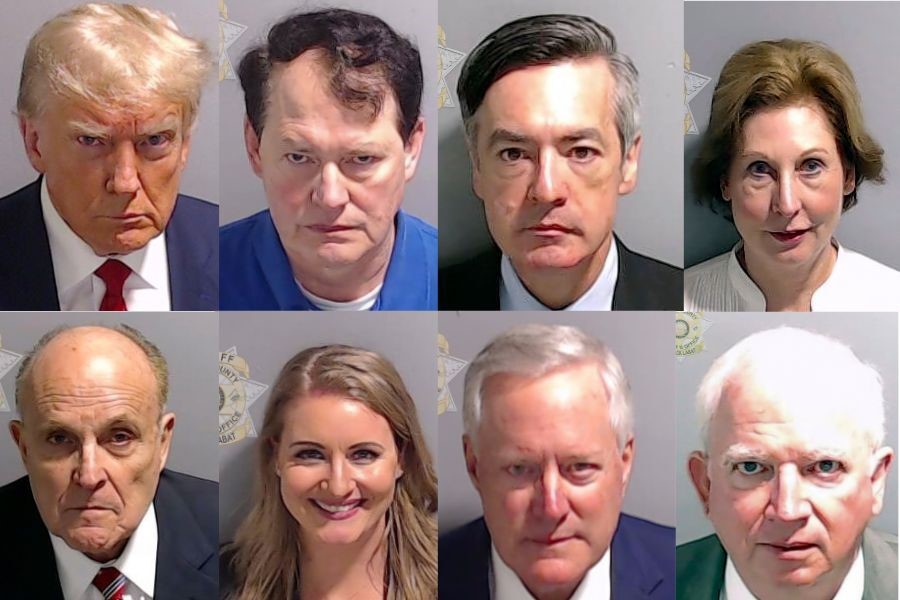 A composite of several mug shots, including Donald Trump.