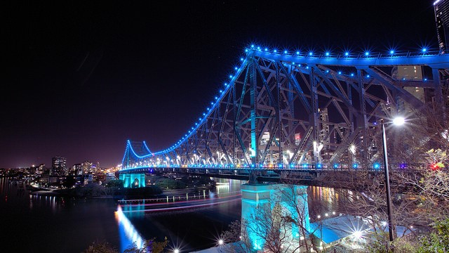 The Story Bridge lit up in blue.