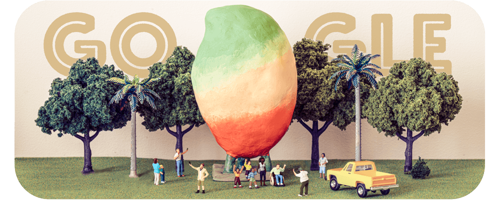 A claymation version of The Big Mango, in front of the Google logo