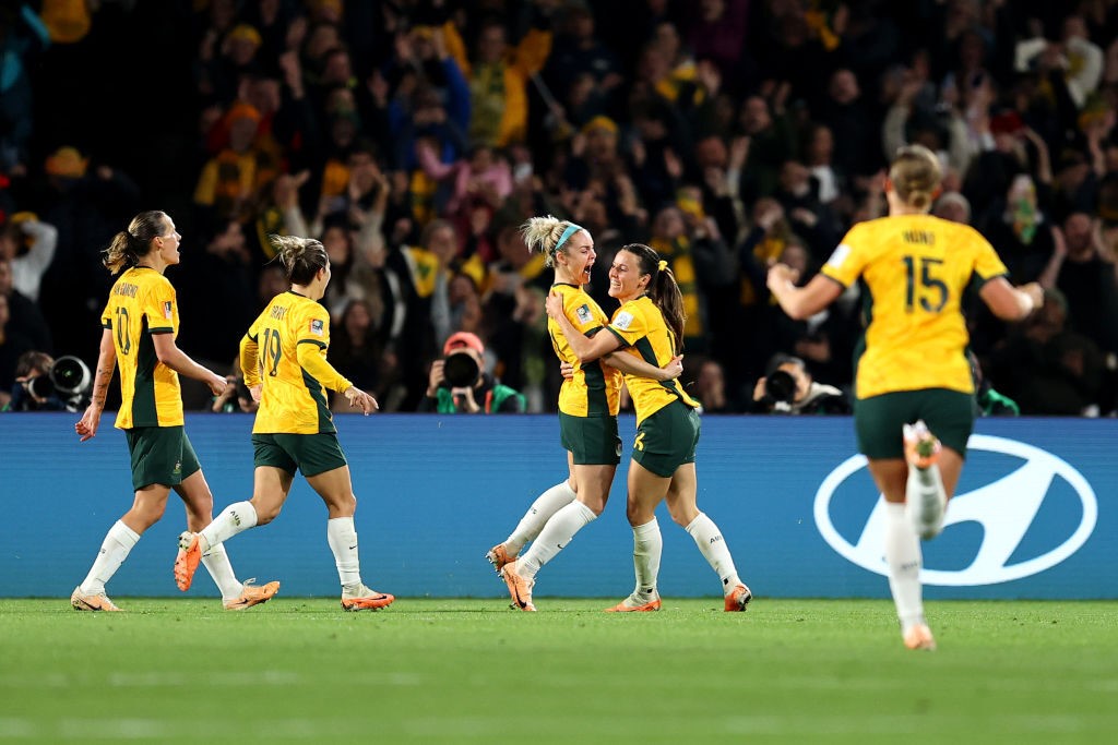 Matildas celebrate Hayley Raso's goal against Denmark at the Women's World Cup.