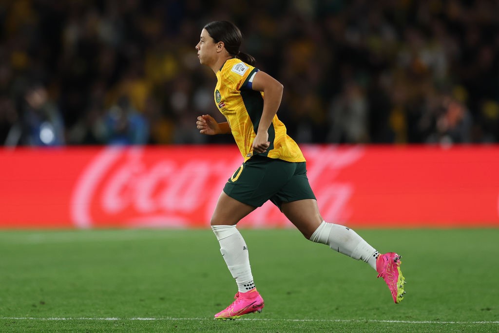 Australia's Sam Kerr runs onto the field in a Women's World Cup game against Denmark.
