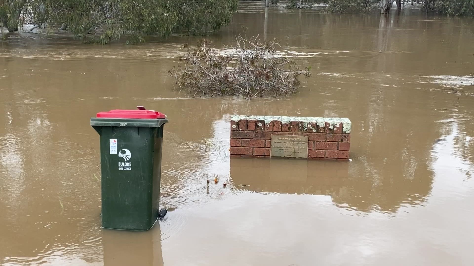 A bin and sign submerged in floodwaters.