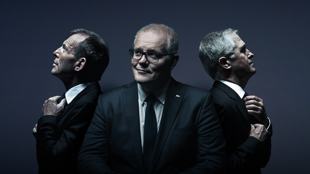 A designed image of Abbott and Turnbull, side on, flanking Morrison, who is front on.