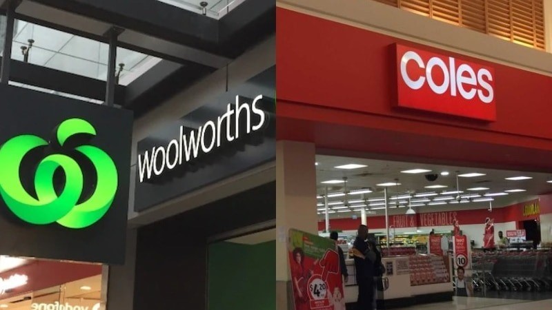 A composite image of Woolworths and Coles supermarkets.