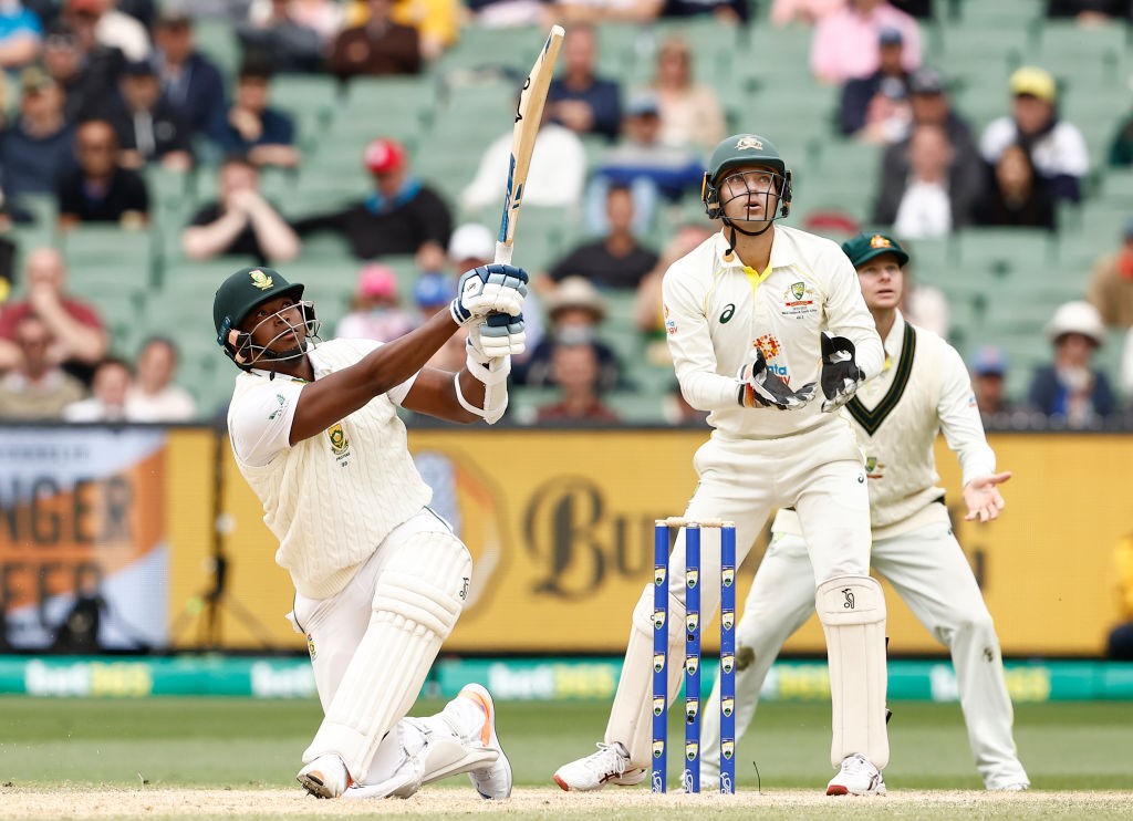 Lungi Ngidi completes a big swing in a Test against Australia.