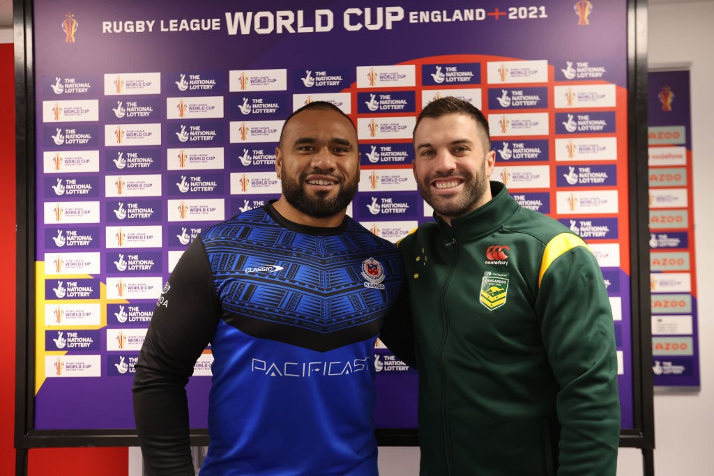 Samoa captain Junior Paulo and Australia captain James Tedesco pose for a photo before the Rugby League World Cup.