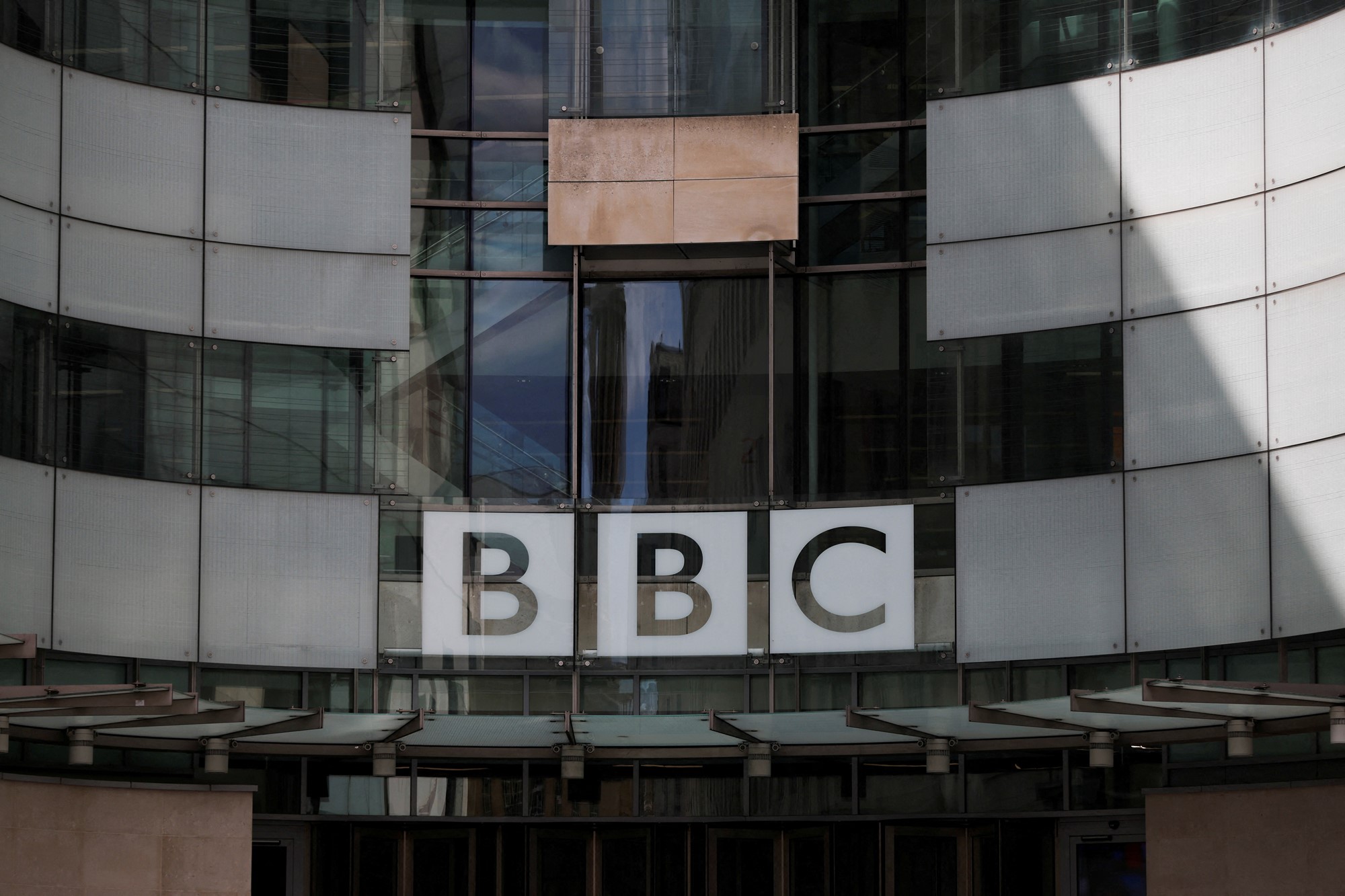 The BBC logo on the front of their main building.