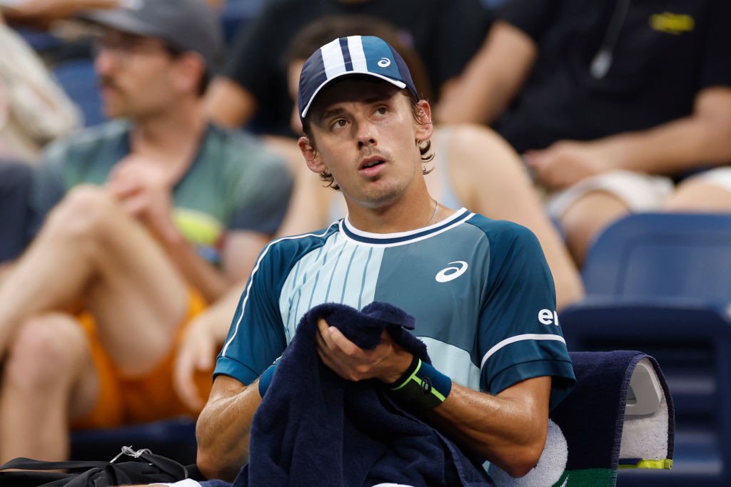 Alex de Minaur sits on his seat between games at the US Open.