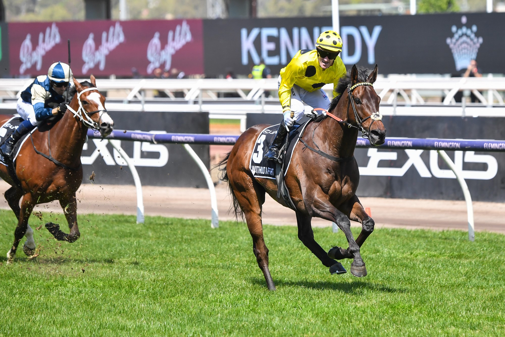 Without A Fight (IRE) ridden by Mark Zahra wins the Lexus Melbourne Cup at Flemington Racecourse on November 07, 2023 in Flemington, Australia. 
