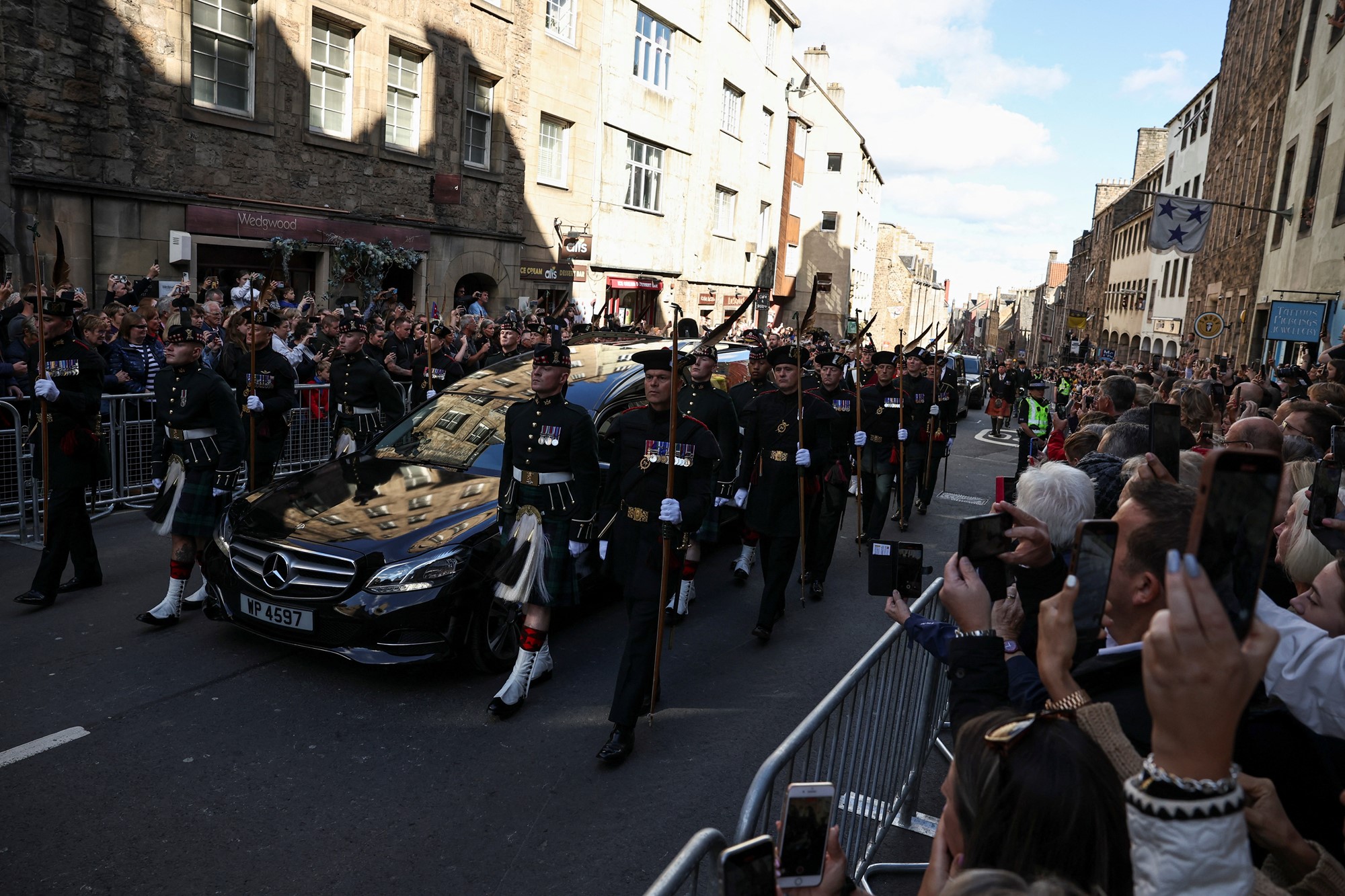 The hearse carrying the coffin of Britain's Queen Elizabeth travels on the Royal Mile in Edinburgh, Scotland, Britain September 12