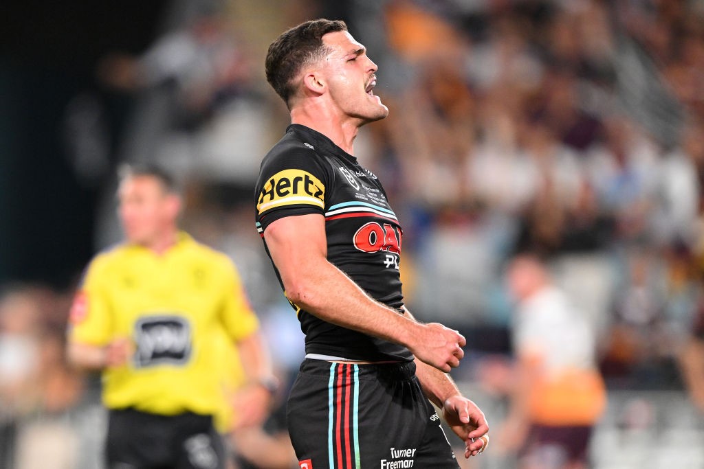Penrith Panthers halfback Nathan Cleary shouts with joy during the NRL grand final.