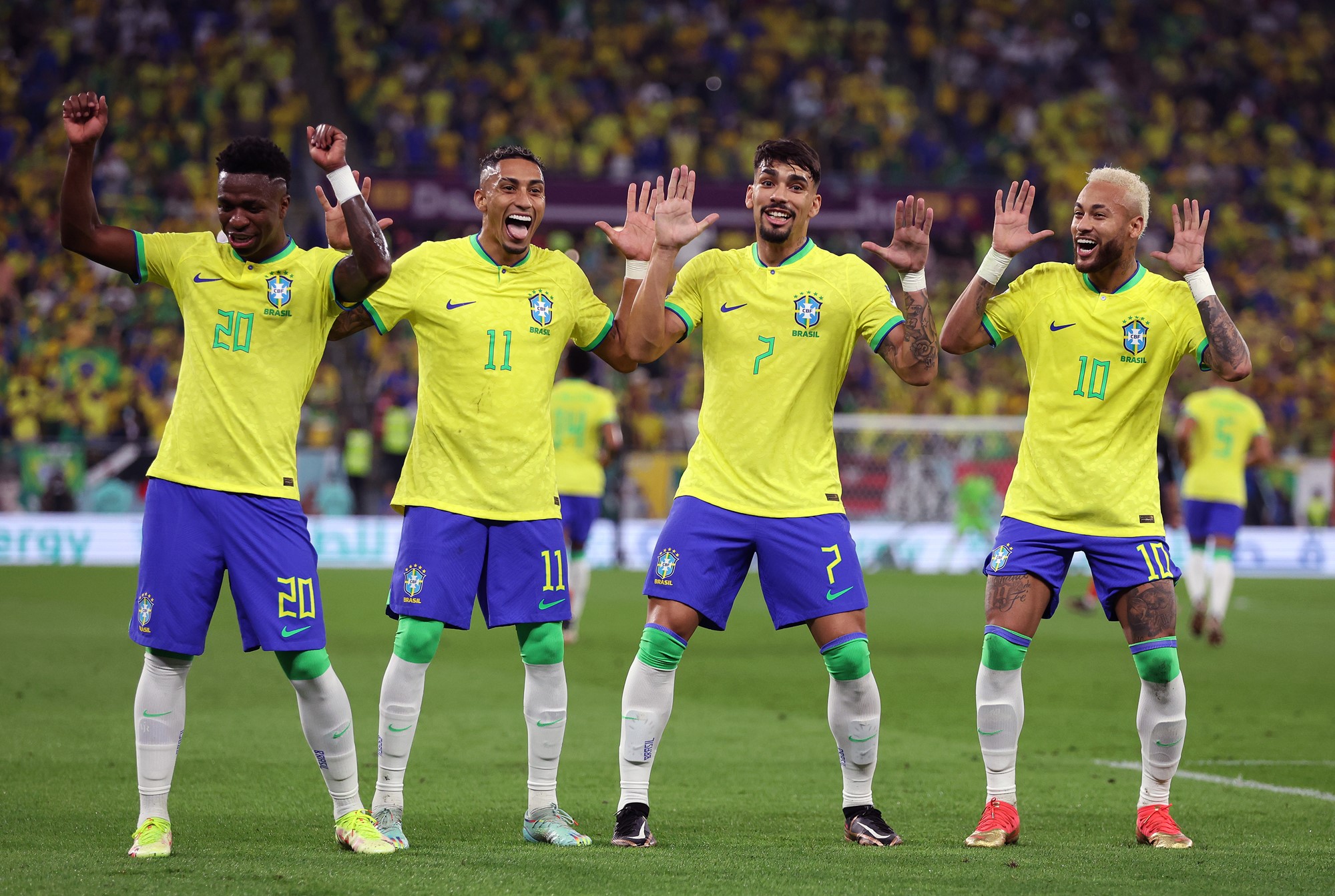 Vini Junior, Raphinha, Lucas Paqueta and Neymar dance to celebrate a goal against South Korea at the FIFA World Cup in Qatar.