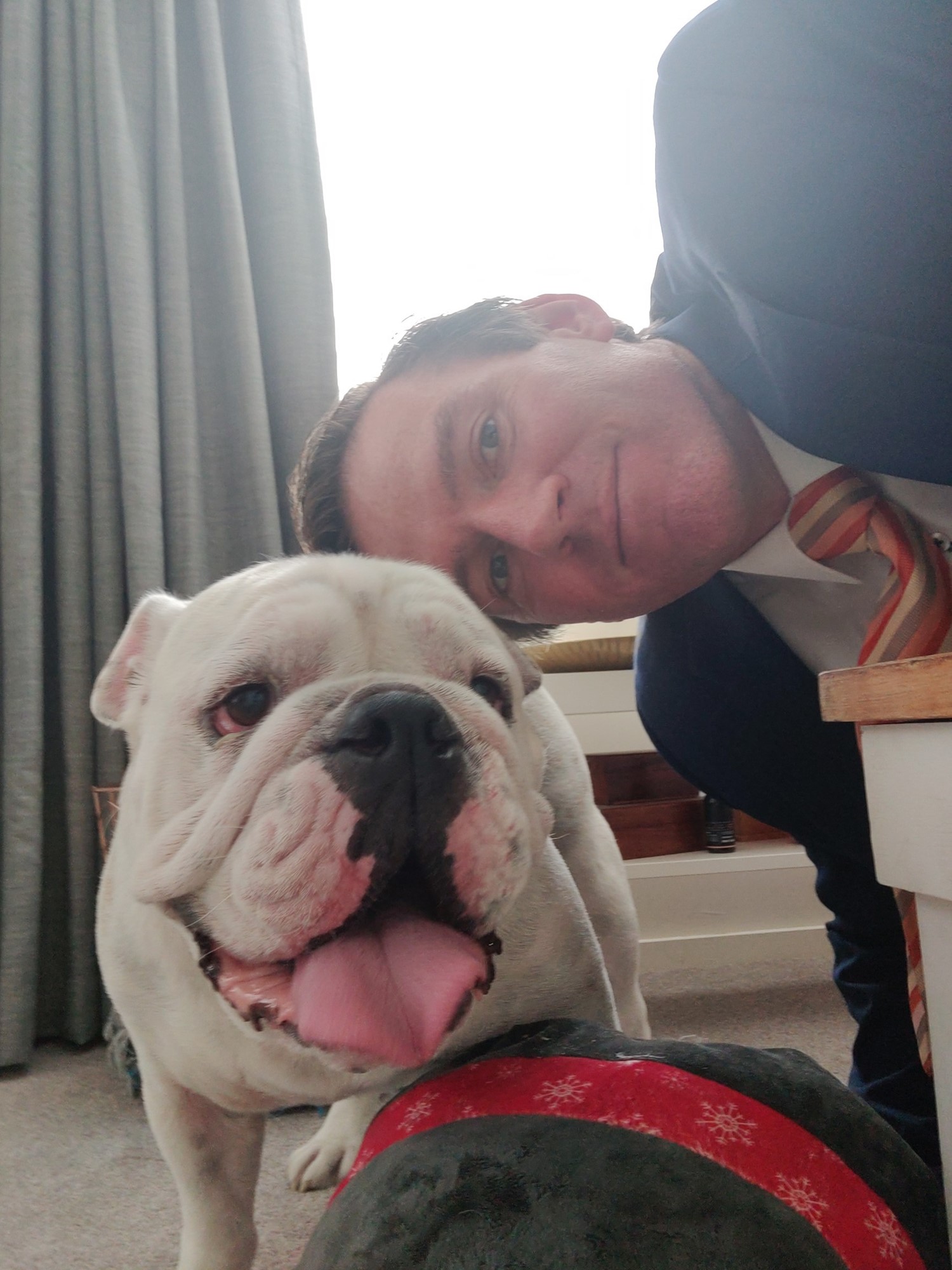 A man poses for a selfie with his bulldog.