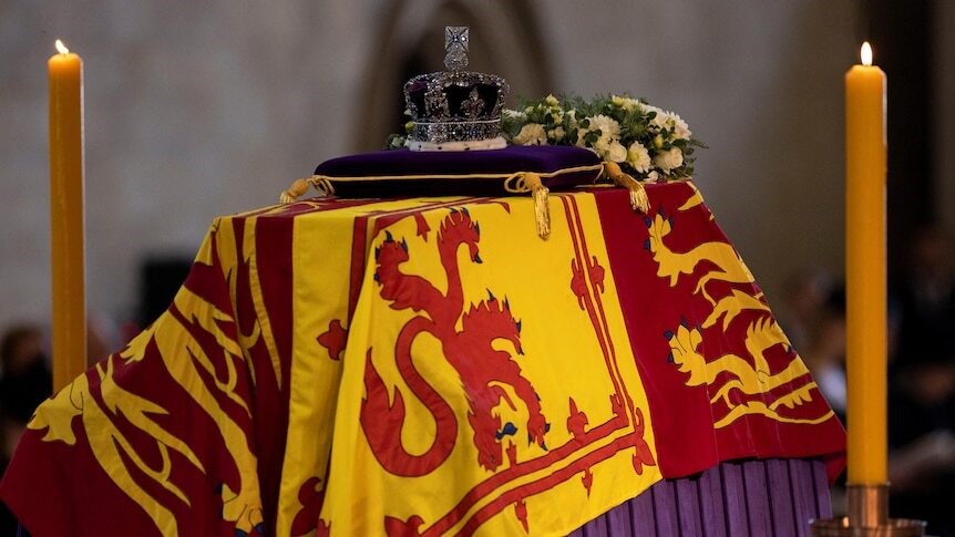 The Queen's coffin draped in the Royal standard