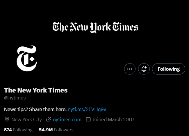 A screenshot of the New York Times Twitter page, showing it is no longer verified
