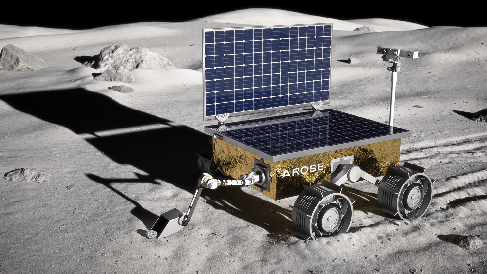 An artist's impression of the AROSE lunar rover on the surface of the Moon.