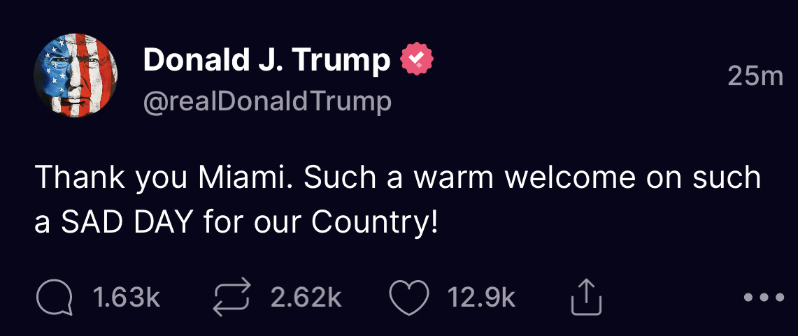 Donald Tump posts to social media thanking Miami for a warm welcome. 