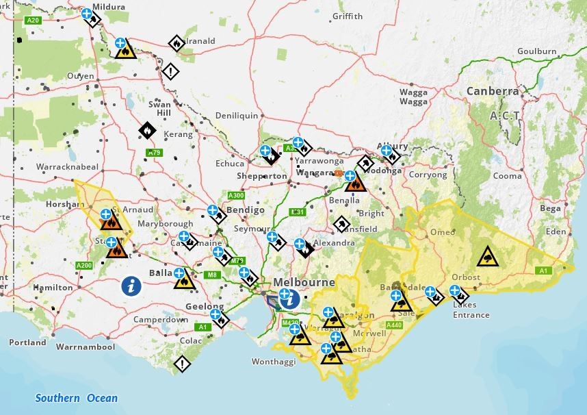 A map of Vic Emergency warnings in place.