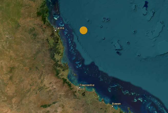 A map showing the location of an earthquake off the coast of Cairns