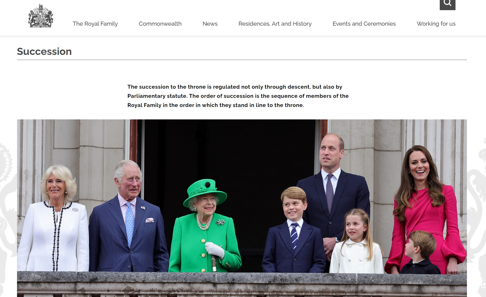Queen Consort Camilla, King Charles III, Queen Elizabeth II, Prince George, Prince William, Princess Charlotte, Prince Louis and  Princess Catherine on a Buckingham Palace balacony 