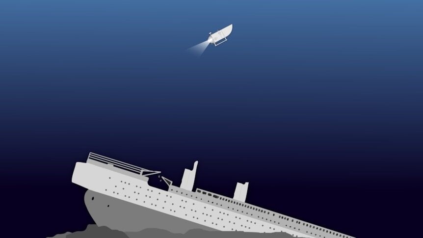 An illustration of a sub diving down to the Titanic.