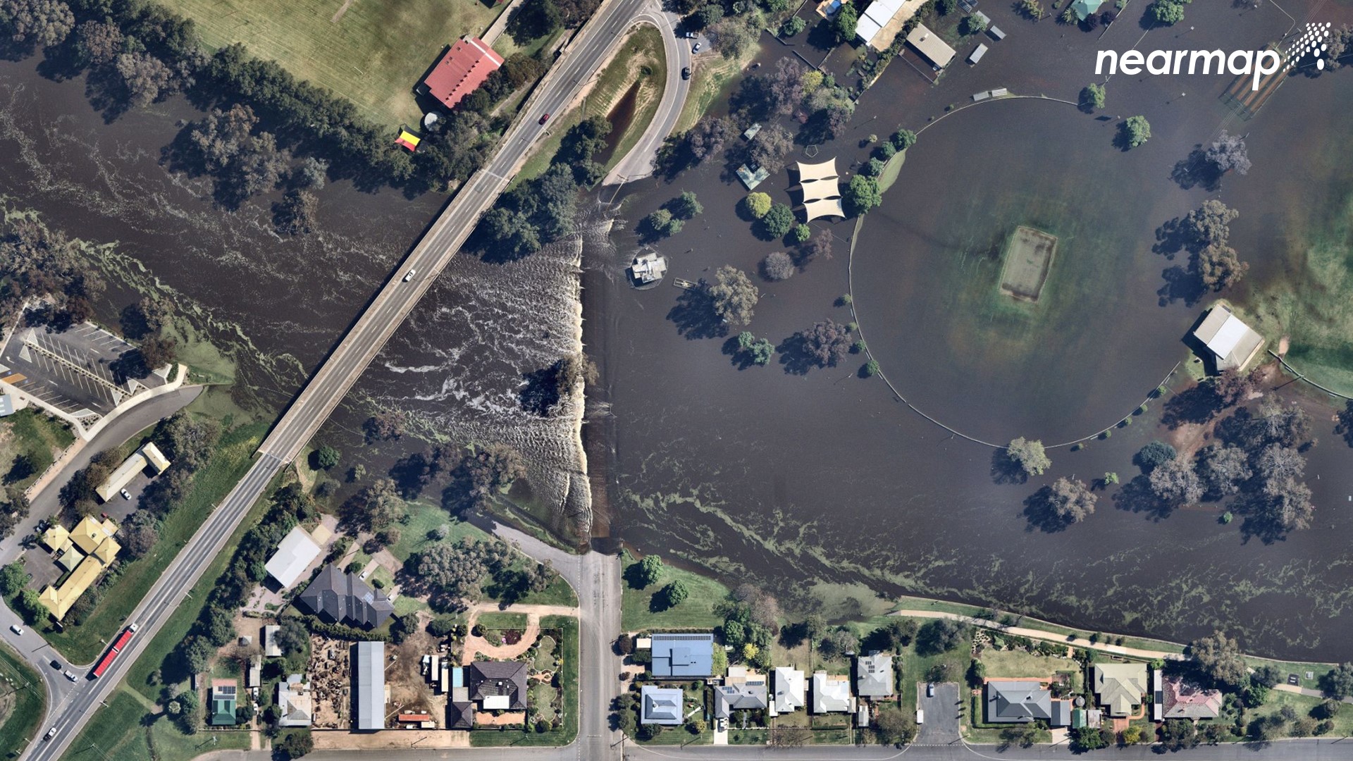 Flooding inundates Forbes as seen from the sky.