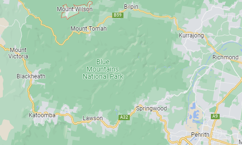 A Google Maps image of the NSW Blue Mountains, showing Mount Wilson