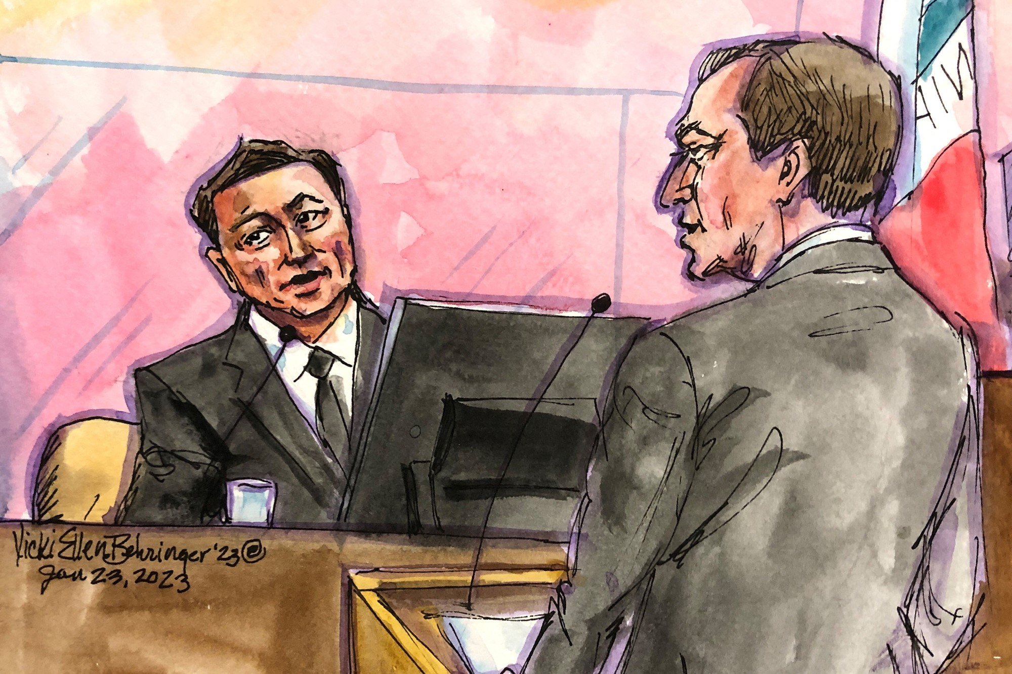 Musk on the stand in court drawing
