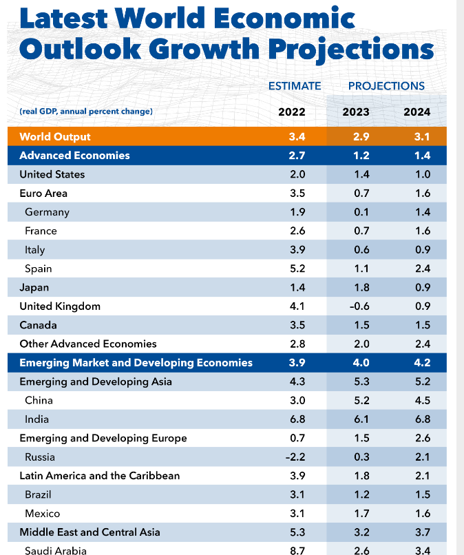 table showing IMG  country by country growth forecasts 