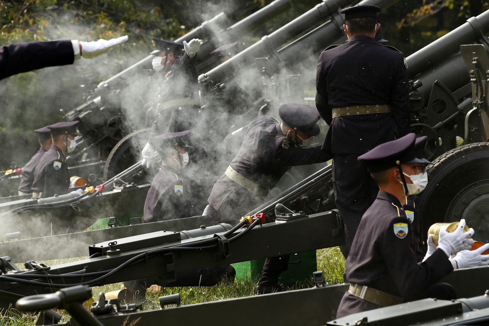 Japanese Ground Self-Defense Force personnel fire cannons at the Budokan grounds for the State Funeral of former Prime Minister Shinzo Abe, on September 27, 2022