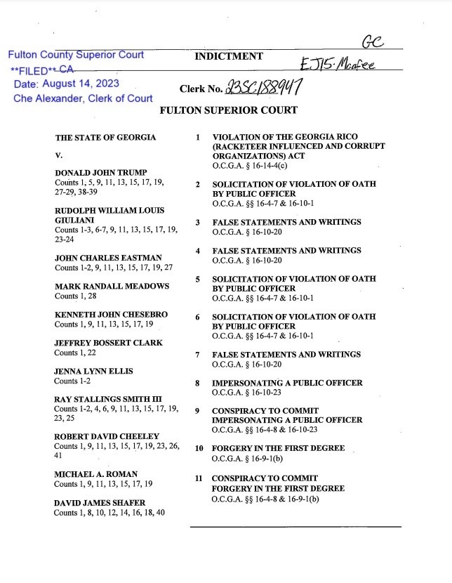 A screenshot of the first page of an indictment against Donald Trump.