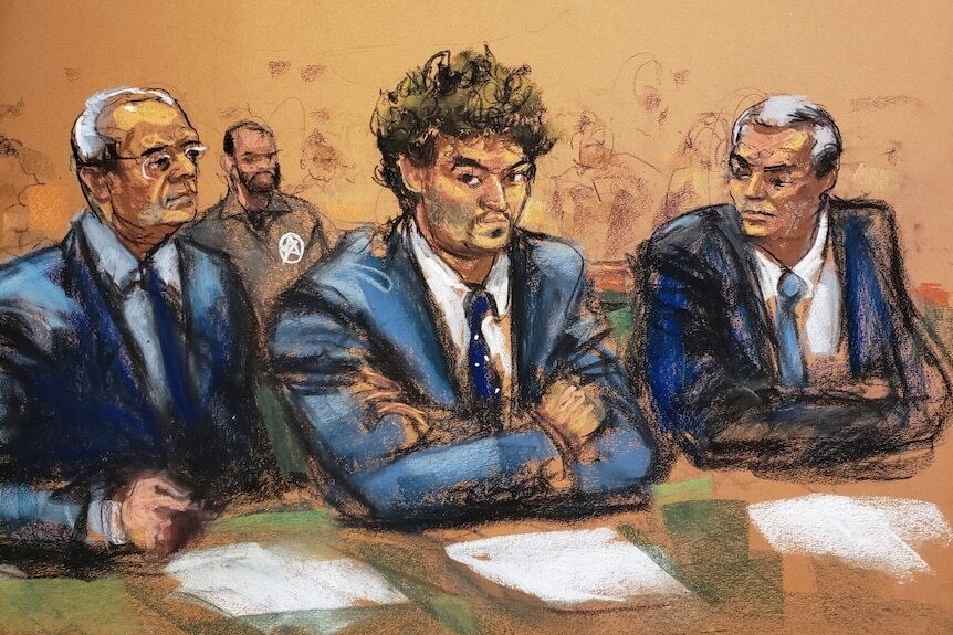 A hand-drawn sketch of Sam Bankman-Fried in court. He is depicted as a man with bushy, brown hair and a suit. 