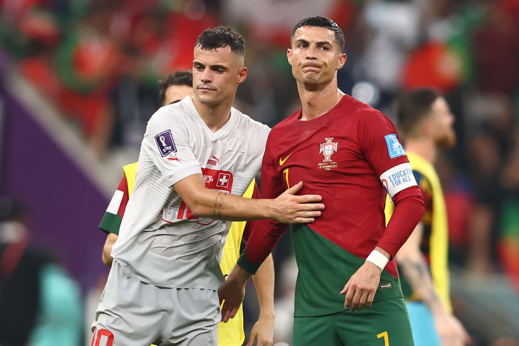 Portugal's Cristiano Ronaldo in congratulated by Switzerland's Granit Xhaka after their Qatar World Cup match.