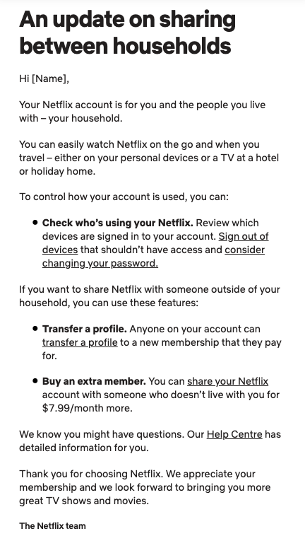 A letter from Netflix titled 'An updated on sharing between households'