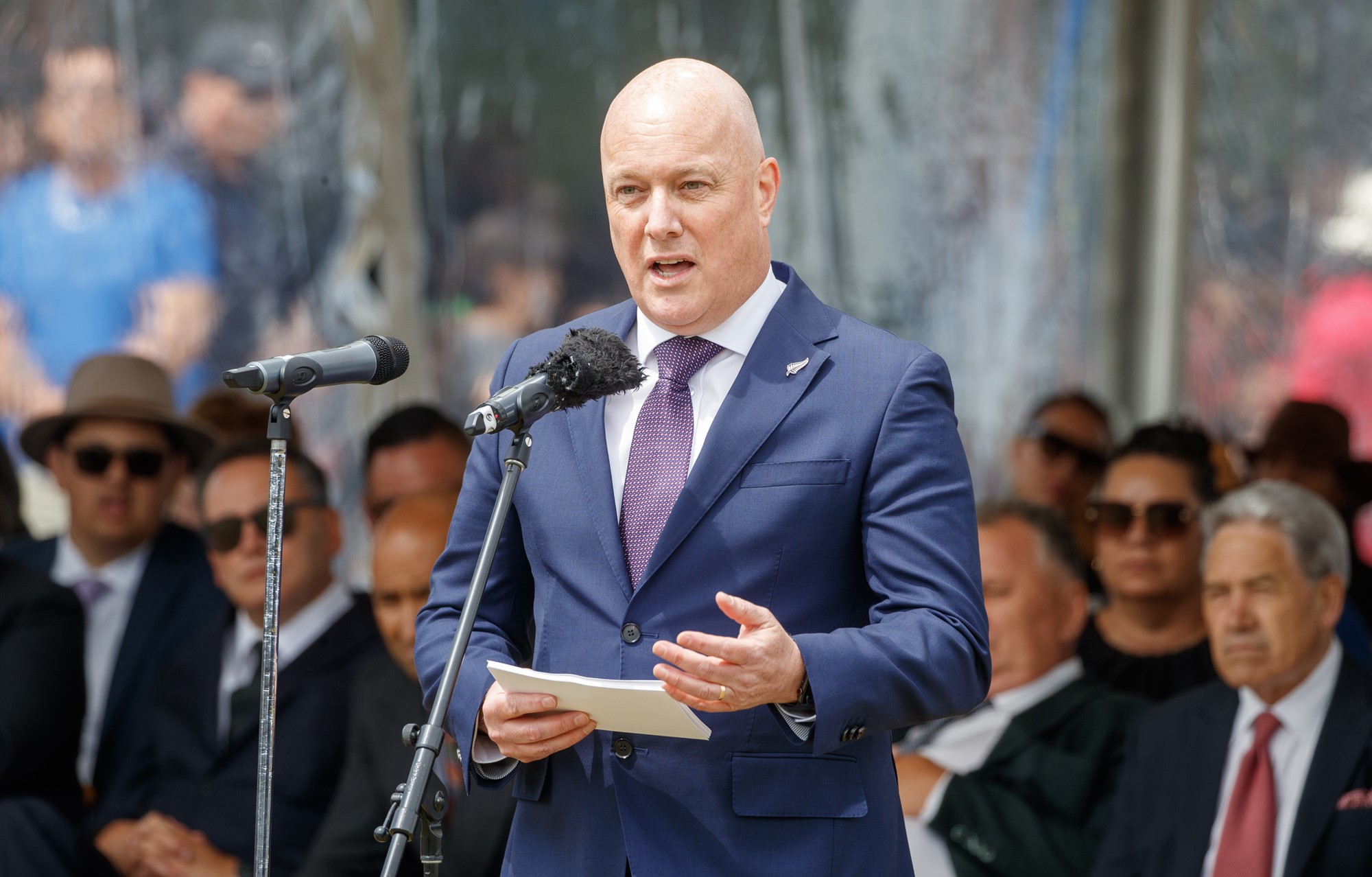 Prime Minister Christopher Luxon during his speech at Rātana Pā. Photo / Mark Mitchell