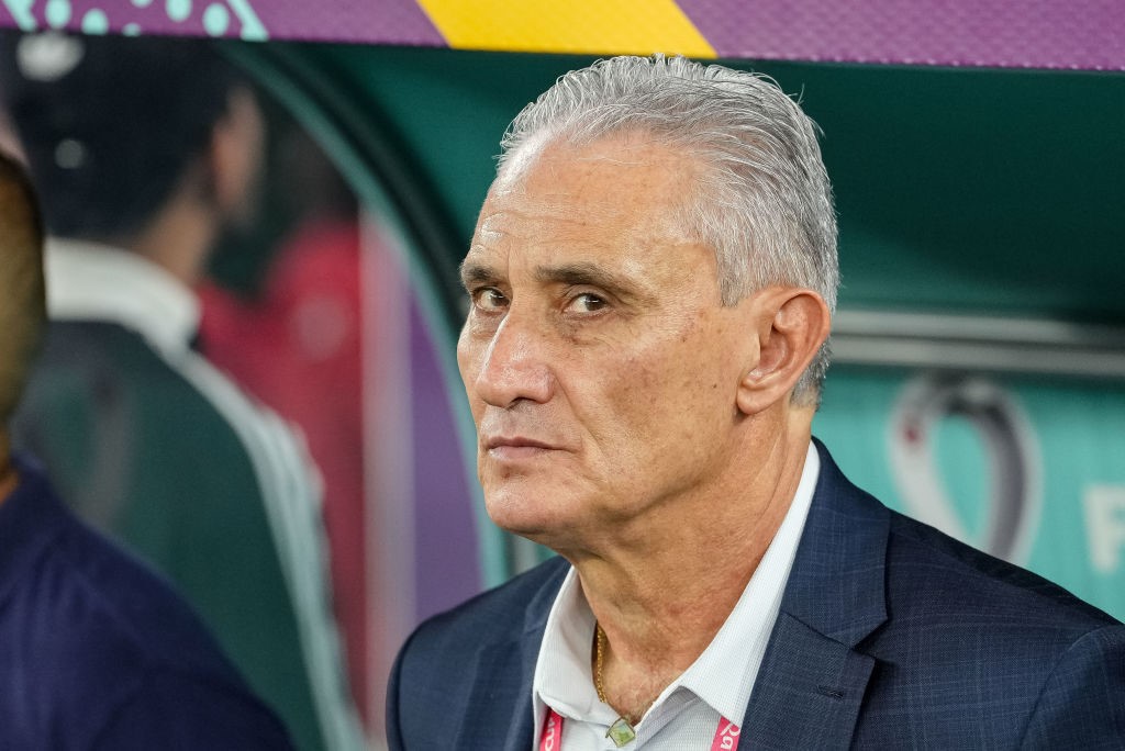 Brazil coach Tite looks at the camera on the sidelines of the Qatar World Cup game against South Korea.