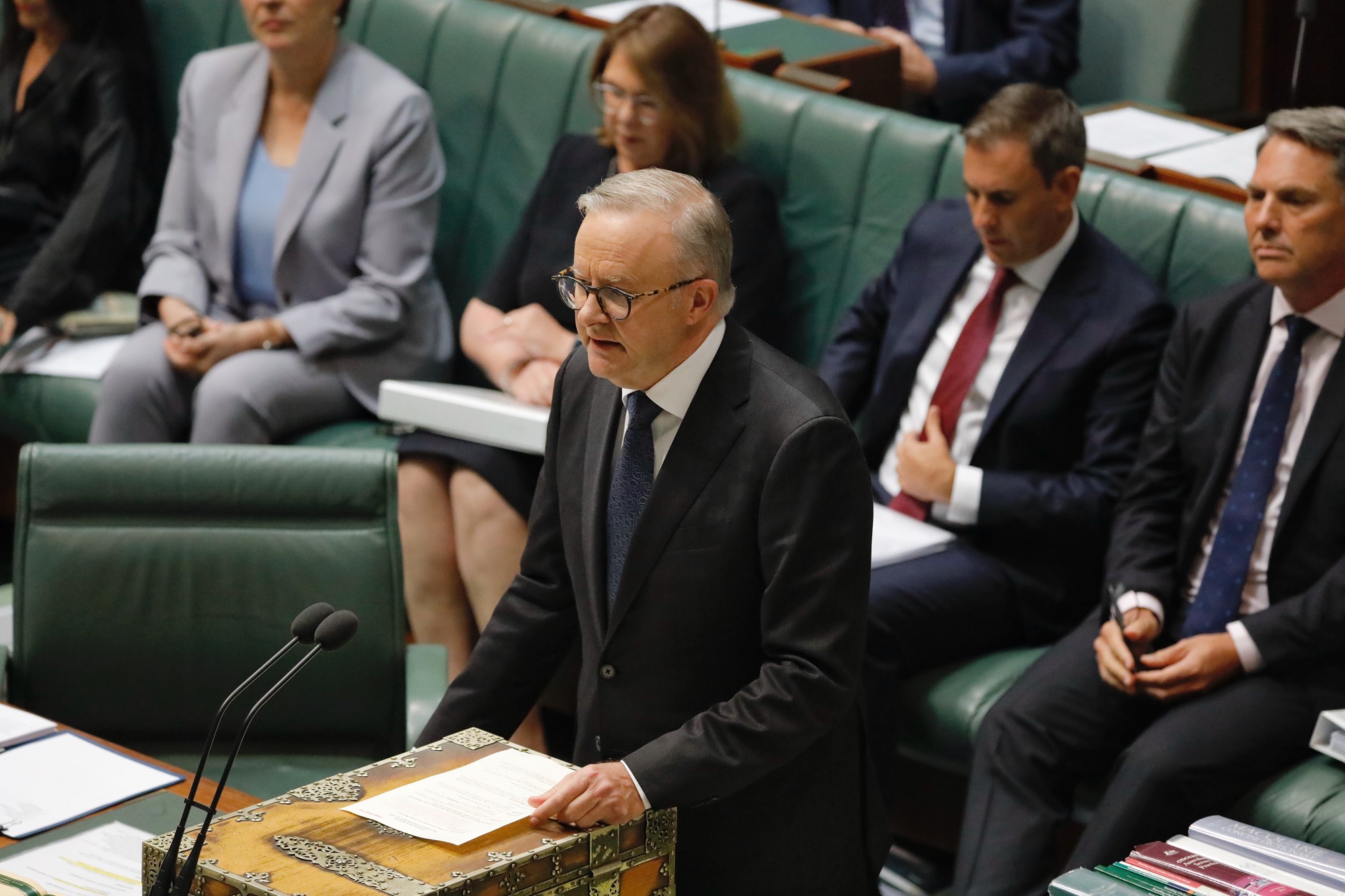 Anthony Albanese speaking at a lectern.