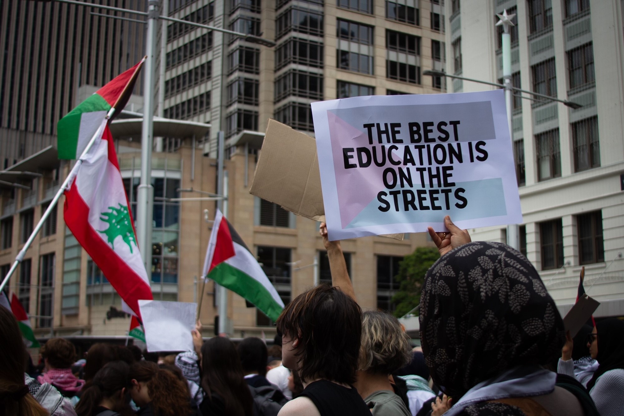Image of a demonstration with Palestinian flags. Someone holds up a sign that says 'the best education is on the streets'.