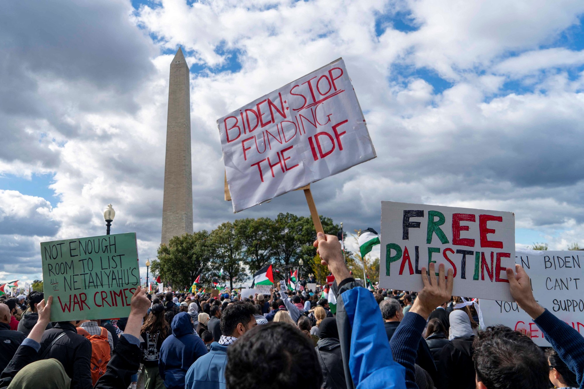 People raise flags and posters during a rally held by American Muslims for Palestine calling for a cease fire in Gaza near the Washington Monument in in Washington